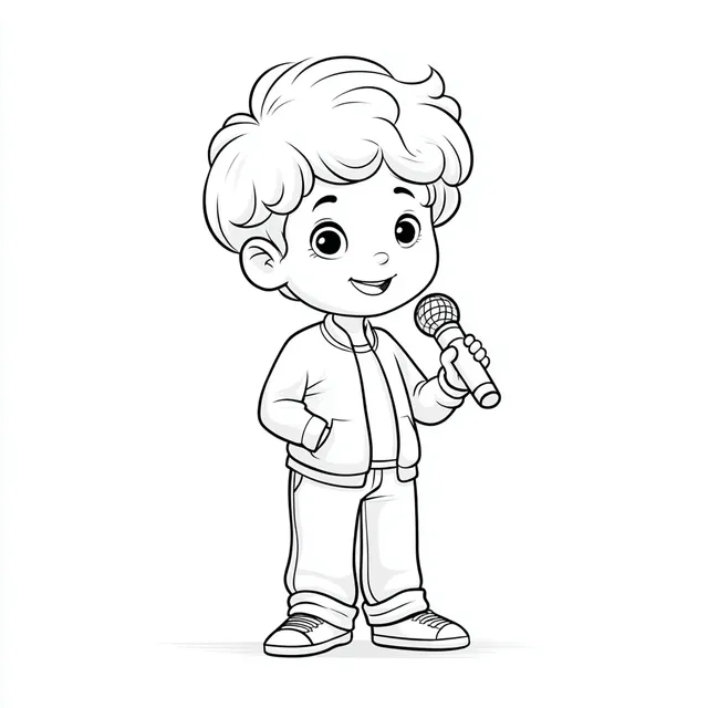 Kids Coloring Book Page - Boy with Microphone
