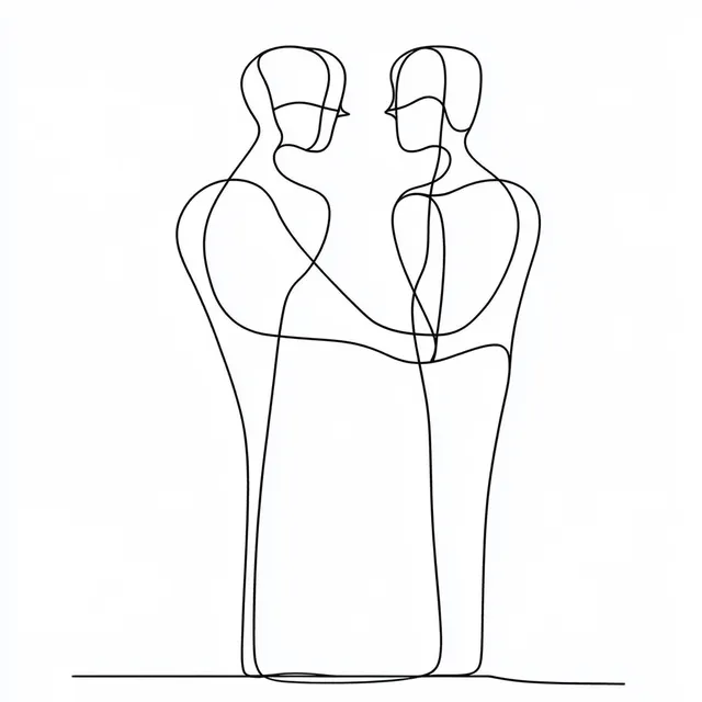 Line Art of Two People in Conflict, Minimalist Black Drawing on White Background