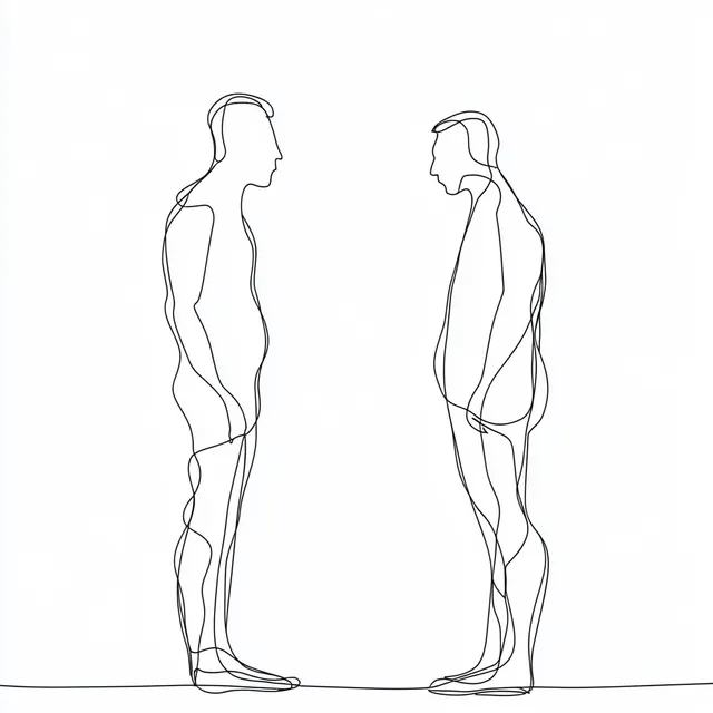 Line Drawing of Two Men in Conflict, Minimal Black Art on White Background