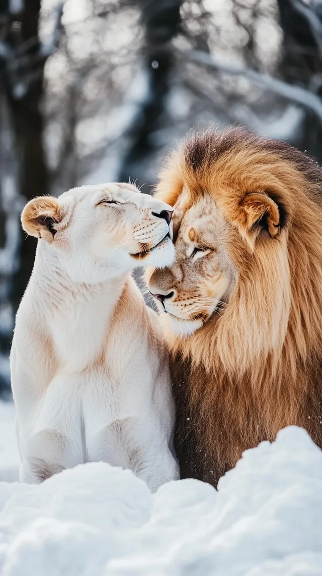 Majestic Love: A White Lioness and Tan Lion in Tender Embrace