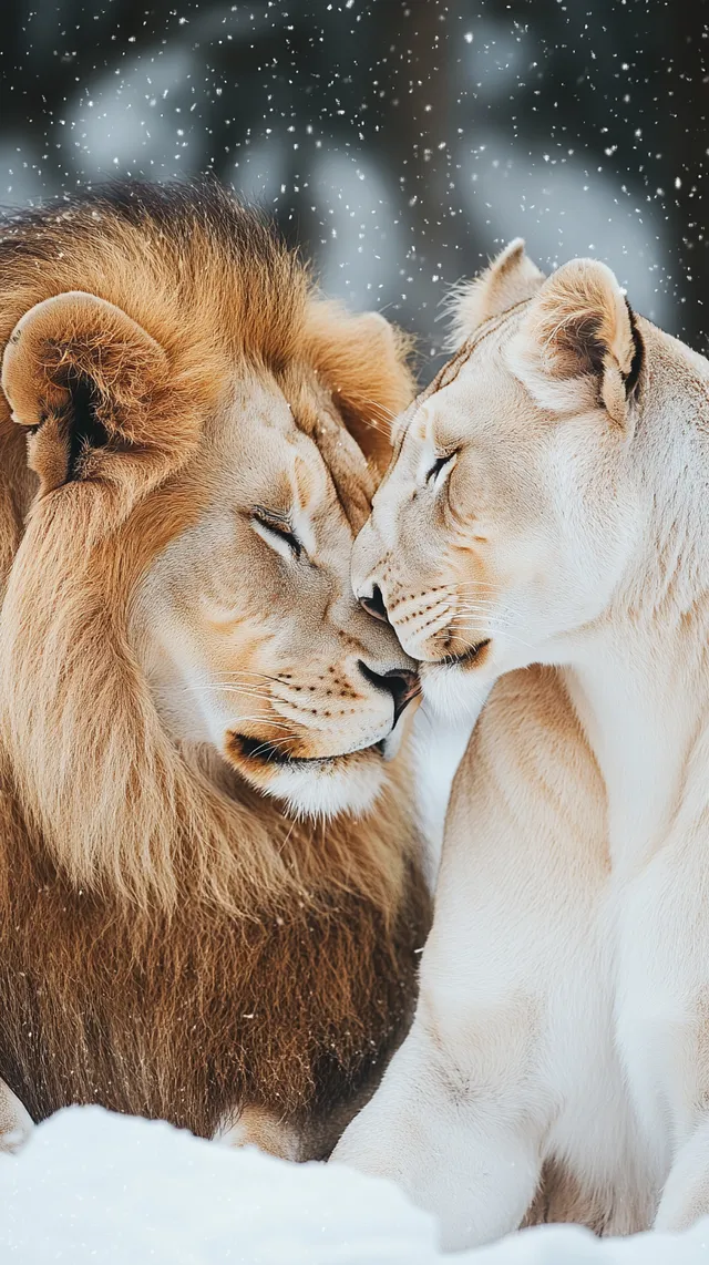 Majestic Love: A White Lioness and Tan Lion in Tender Embrace