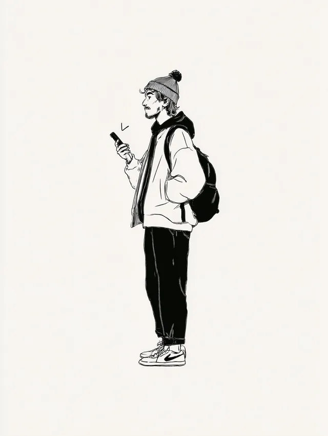Male Character Scrolling on Phone Illustration
