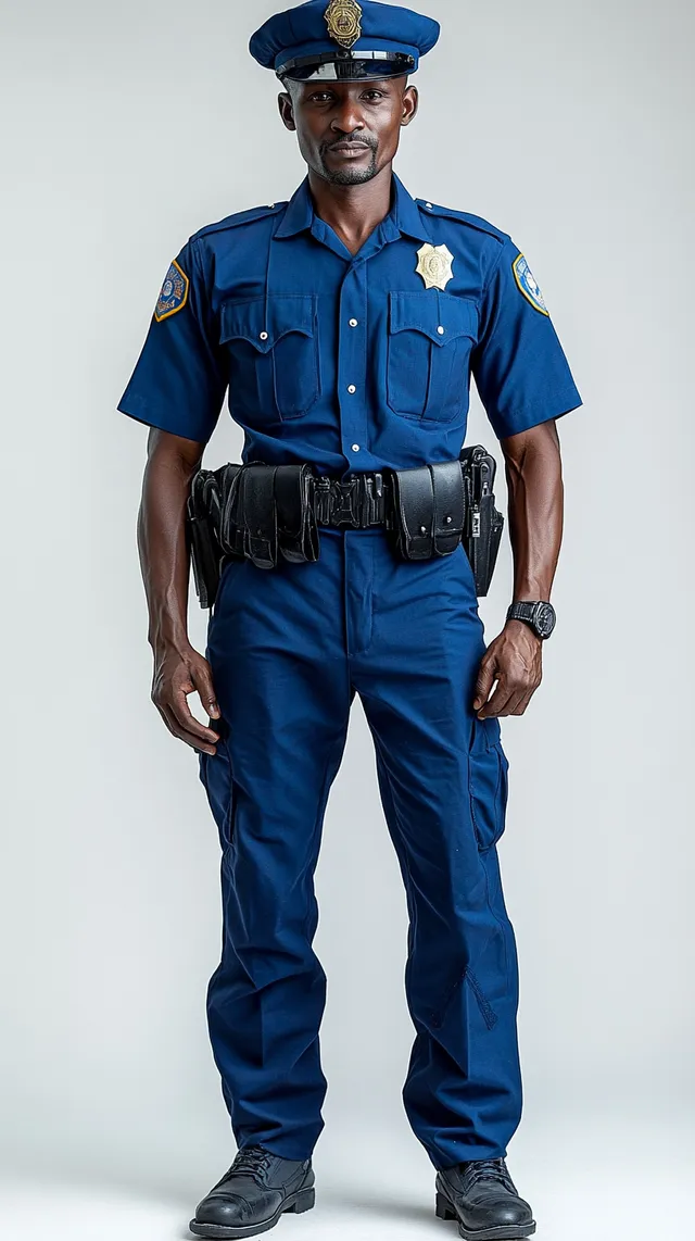 Male Kenyan police officer in uniform, full-body shot on white background