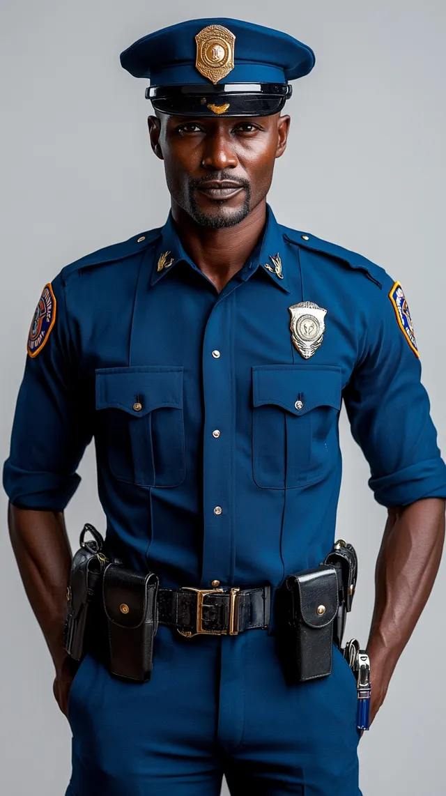 Male Kenyan police officer in uniform, full-body shot on white background