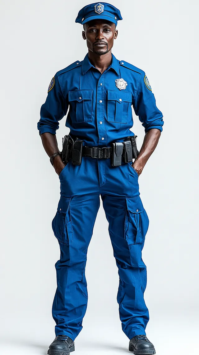 Male Kenyan police officer in uniform, full-body shot on white background