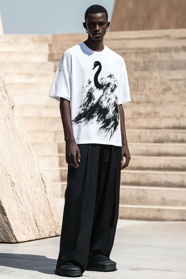 Male model in white T-shirt, black pants, urban streetwear style
