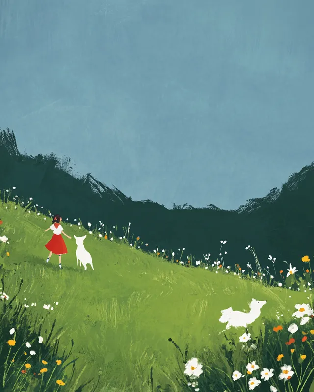 Meadow Stroll: A Girl and Her Dog in a Colorful Landscape
