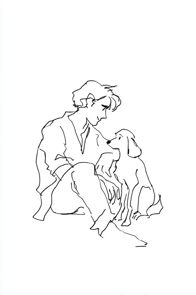 Minimalist Happy Man with Dog - Ink Art