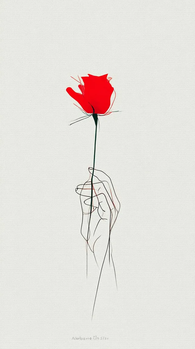 Minimalist Line Art of a Woman's Hand Holding a Red Rose