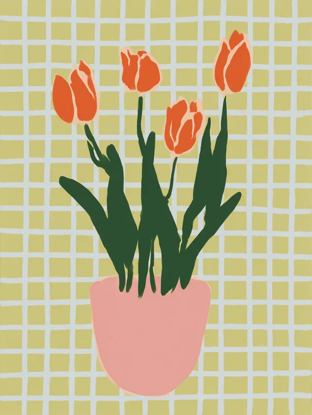Modern Minimalist Orange Tulips in Pink Pot