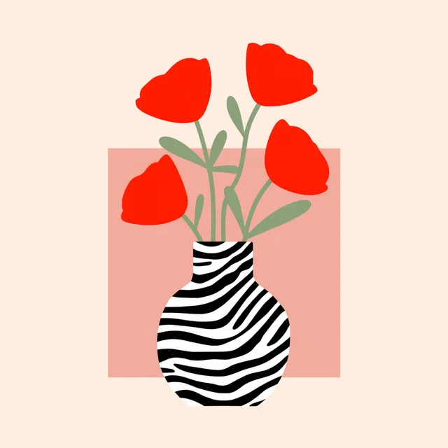 Modern Zebra Striped Vase with Red Poppies