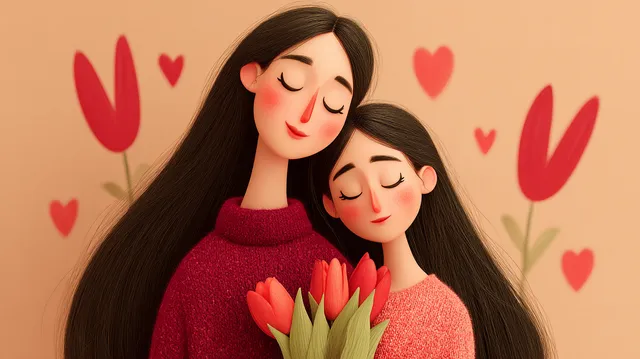 Mother and Daughter Embracing with Tulips on Mother's Day