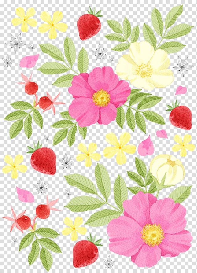 Multicolored flowers, Watercolor painting Drawing Illustration, Flowers strawberry decorative pattern material transparent background PNG clipart