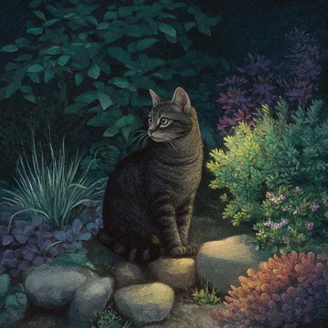 Mystical Black Cat in Enchanted Garden