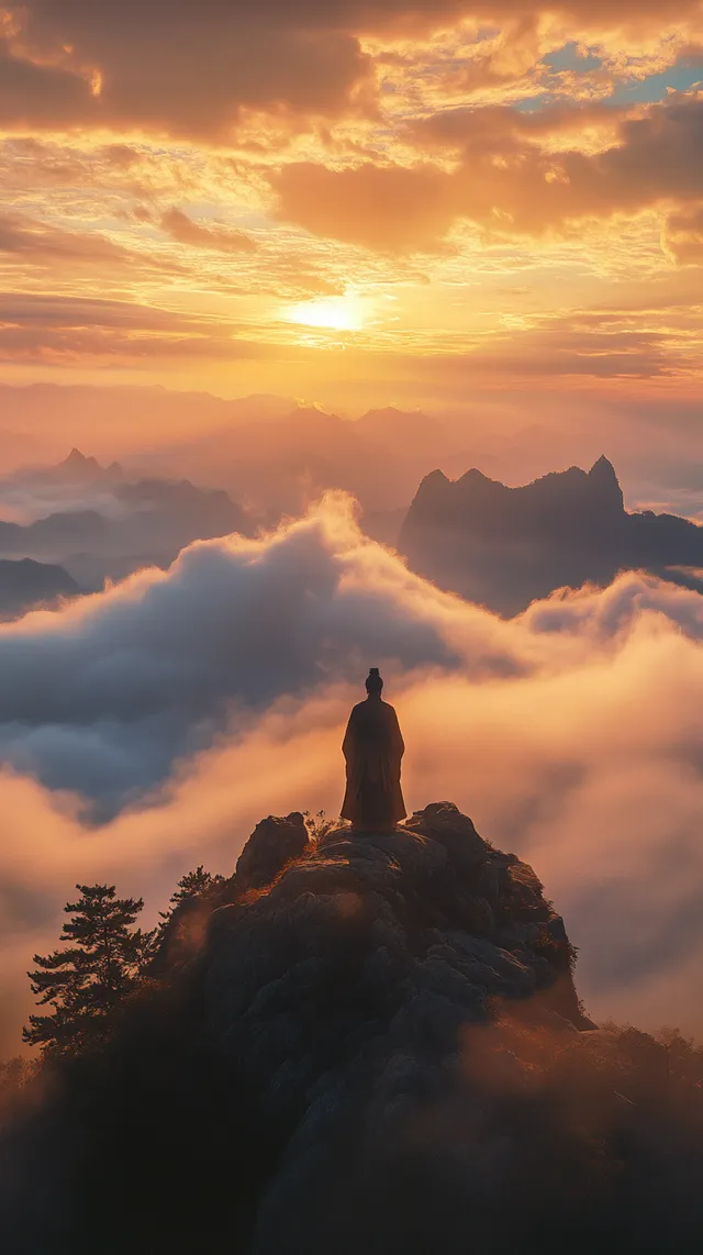 Person Meditating on Mountain Temple Above Clouds at Sunset with Rays