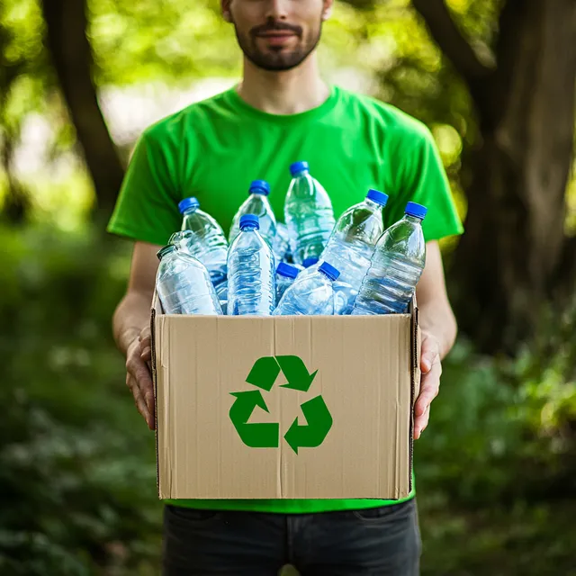 Person Promoting Recycling with Plastic Water Bottles in Nature