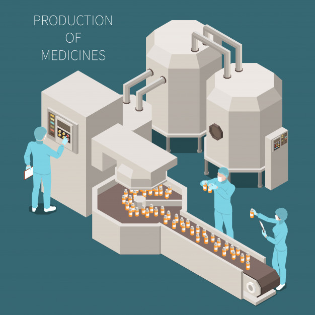 Pharmaceutical production isometric colored composition with production of medicines descriptions and working process in the lab  illustration Free Vector