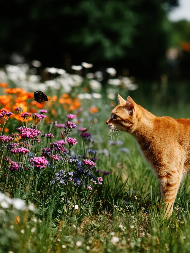 Playful Orange Tabby Cat with Butterflies in a Flower Field