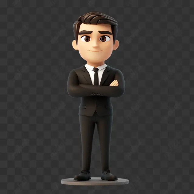 PNG 3D cartoon businessman in black suit standing on podium, serious pose