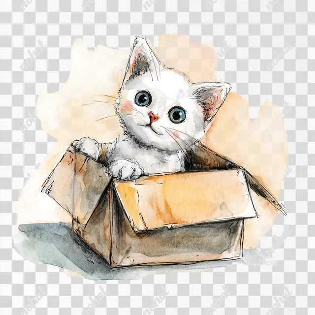 PNG Adorable Kitten Playing in a Cardboard Box - Watercolor Illustration