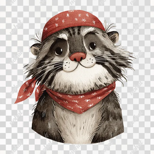 PNG Adorable Pirate Manul Cat in Scarlet Bandana