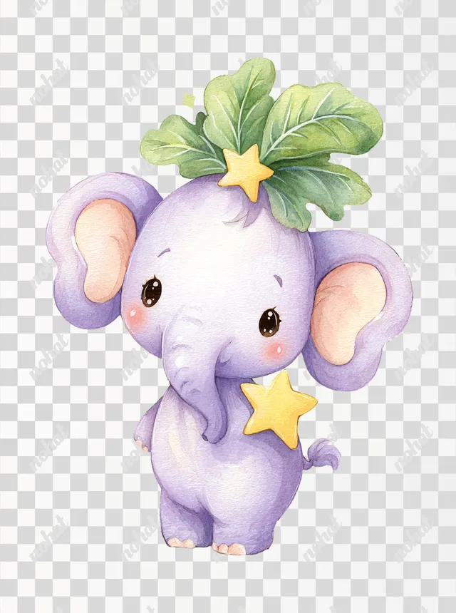 PNG Adorable Purple Baby Elephant with Leaves