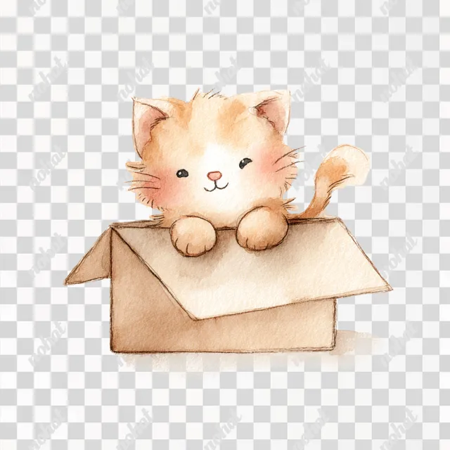 PNG Adorable Watercolor Kitten Playing in a Cardboard Box