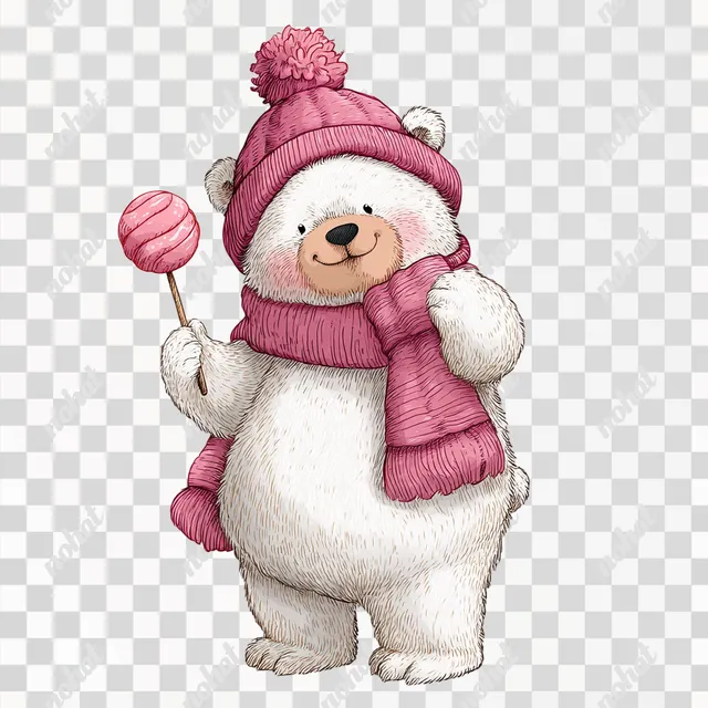 PNG Adorable White Bear Character in Pink Hat and Scarf