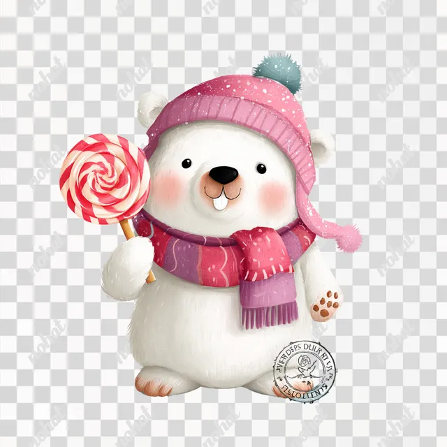 PNG Adorable White Bear with Lollipop in Pink Hat and Scarf