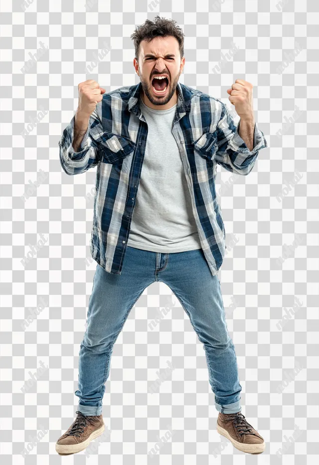 PNG Aggressive UK Man Shouting with Fists Raised in Casual Wear