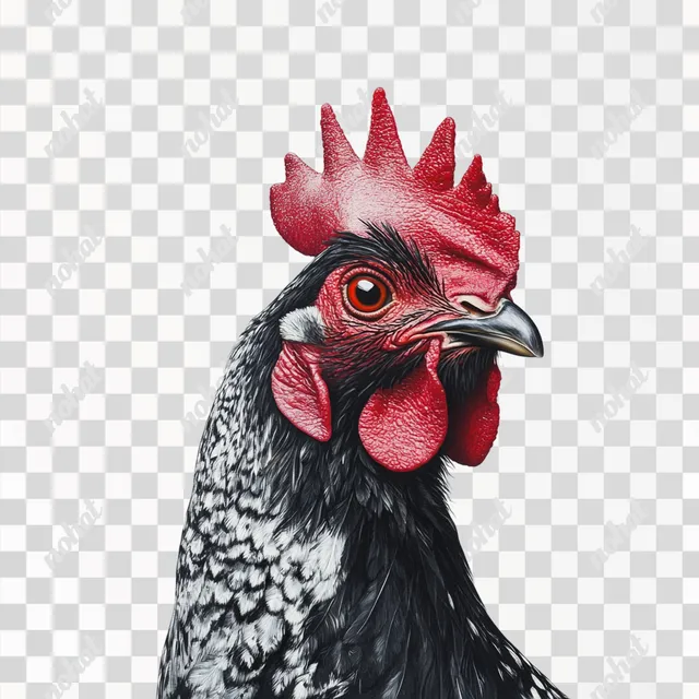 PNG Black and White Rooster with Red Comb in Farmyard Setting, 8K