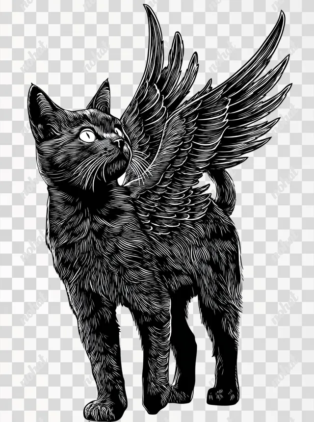 PNG Black Winged Cat in Woodcut Style