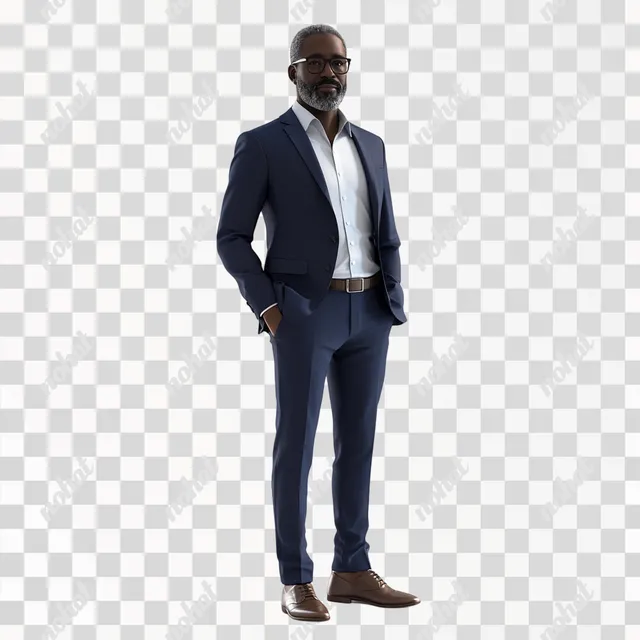 PNG Businessman in Blue Suit, 50, Smiling, Standing in Office Setting
