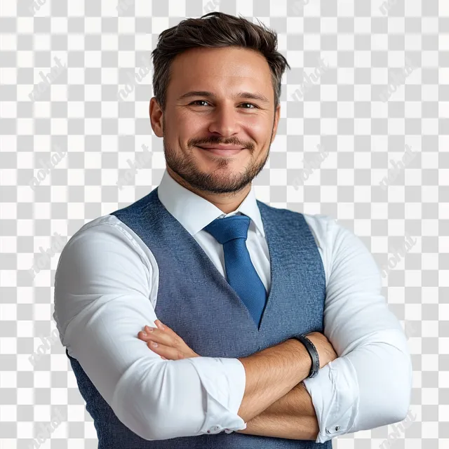 PNG Casual Happy Man in Vest and Tie Posing for Professional Photo