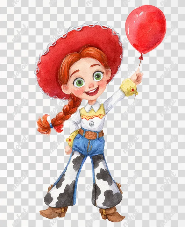 PNG Cheerful Cowgirl Jessie with Balloon - Watercolor Illustration