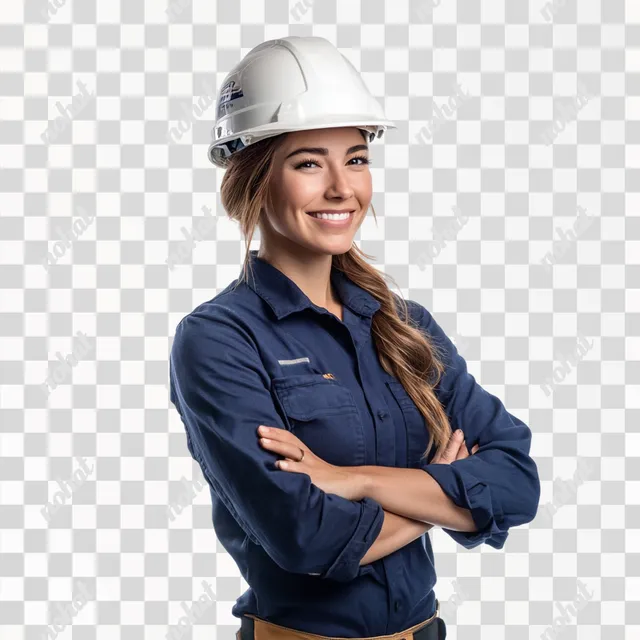 PNG Confident Construction Woman in Navy Blue Shirt and Hard Hat, Smiling