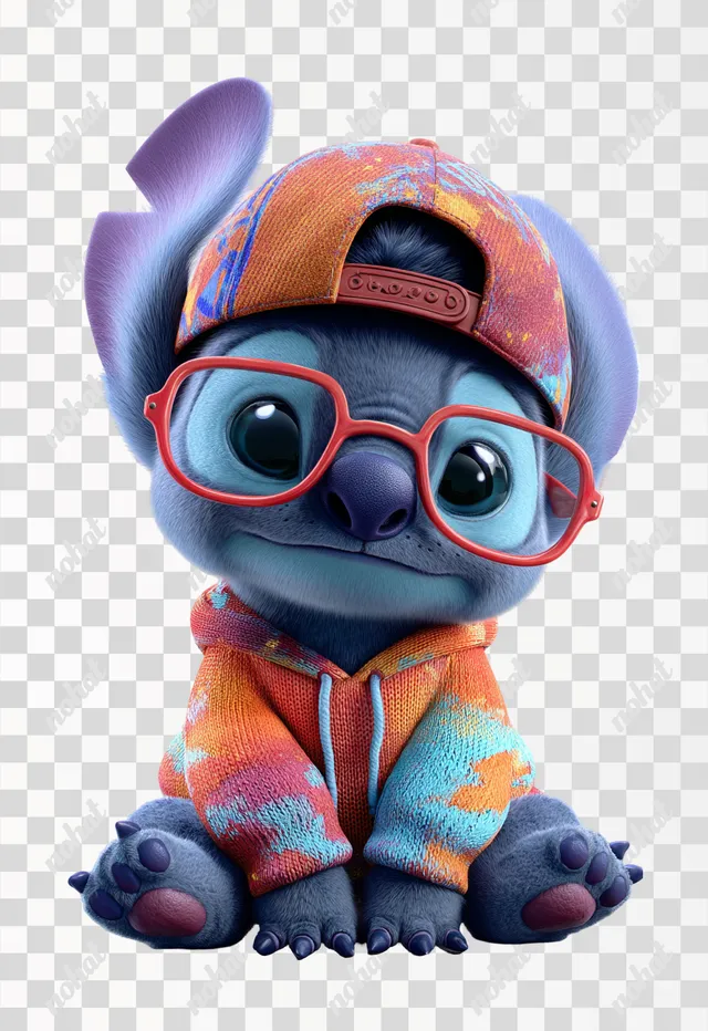 PNG Cute Baby Stitch in Colorful Hoodie and Glasses