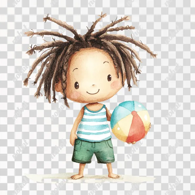 PNG Cute Black Boy with Beach Ball in Watercolor Style