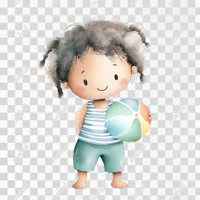 PNG Cute Black Boy with Beach Ball - Watercolor Illustration