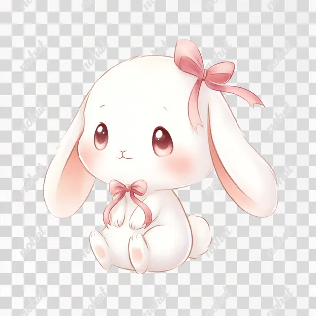 PNG Cute Chibi White Bunny with Floppy Ears and Pink Bow