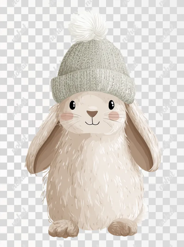 PNG Cute Fluffy Baby Bunny with a Hat