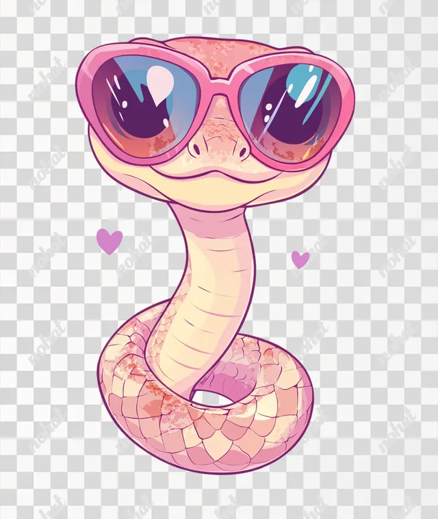 PNG Cute pink snake in heart-shaped sunglasses, chibi-style clipart design