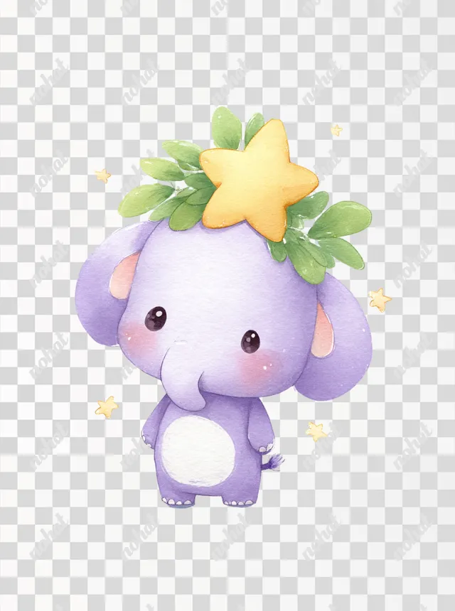PNG Cute Purple Baby Elephant with Star and Leaves