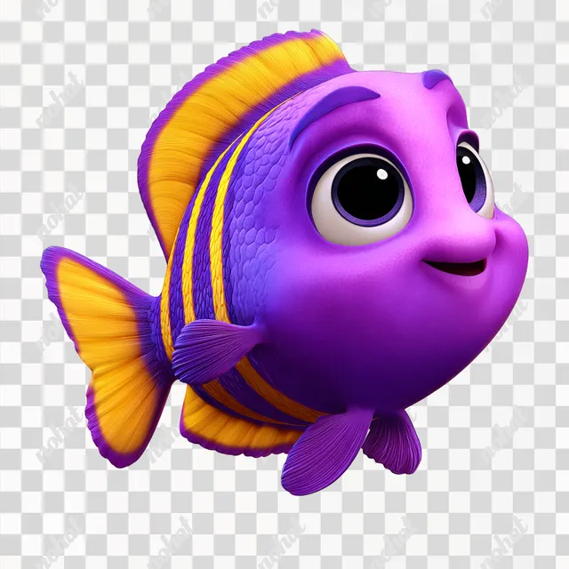 PNG Cute Purple Fish with Yellow Stripes in Pixar Style