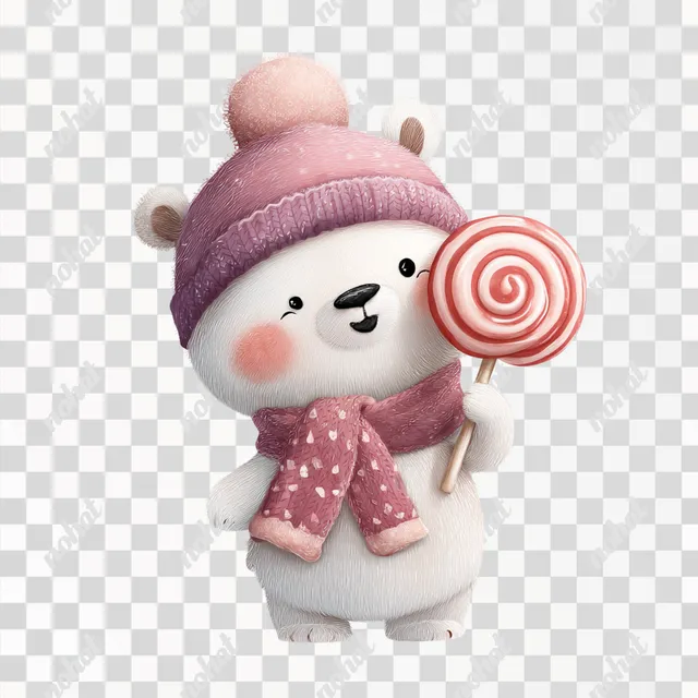 PNG Cute White Bear with Lollipop in Pink Hat and Scarf
