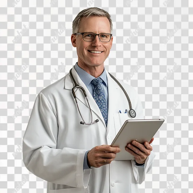 PNG Doctor in White Lab Coat Smiling with Tablet in Modern Clinic Studio