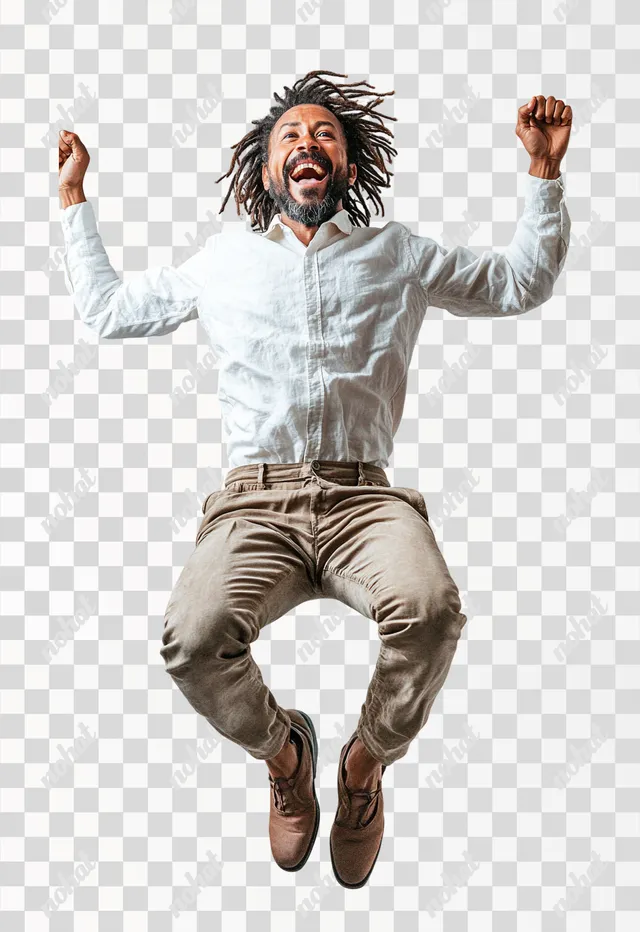PNG Dreadlocked teacher joyfully jumping in the air, classroom setting