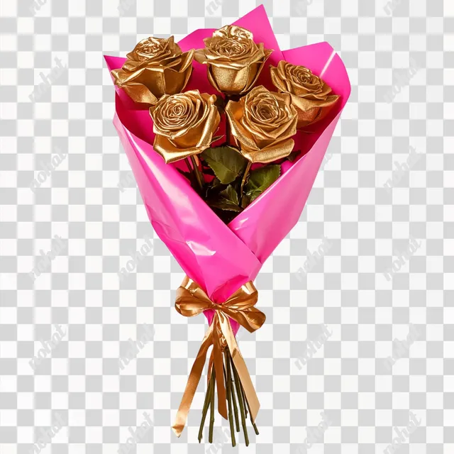 PNG Elegant Gold Rose Bouquet Wrapped in Hot Pink