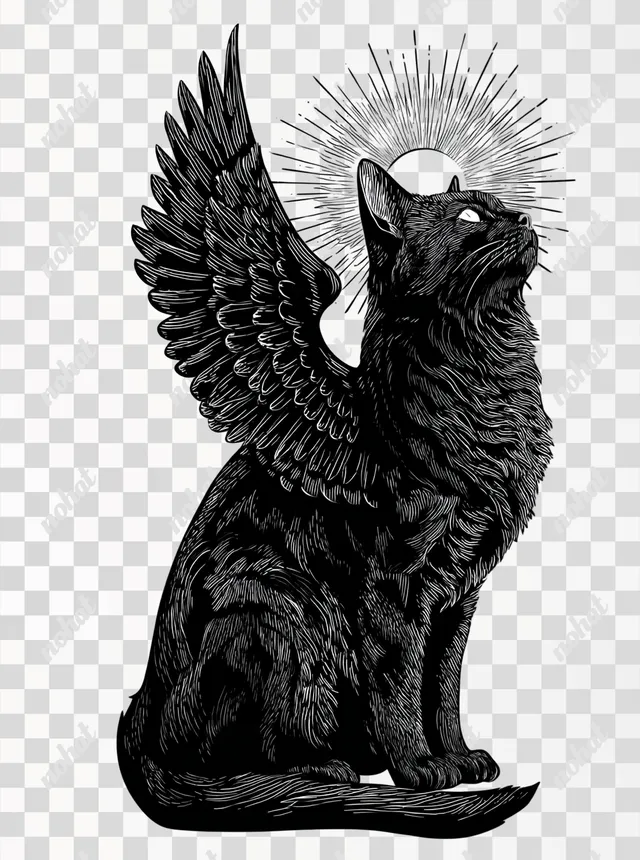 PNG Ethereal Winged Cat - Occult Woodcut Style Art