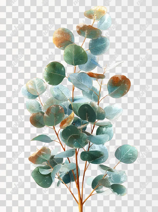 PNG Eucalyptus Stem with Soft Round Leaves in Watercolor